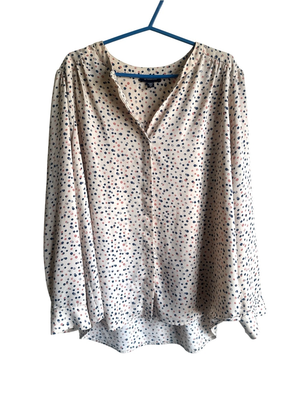 LE CHATEAU Women’s 2X Peachy Beige Multi-Coloured Dot V-Neck Button Down Blouse